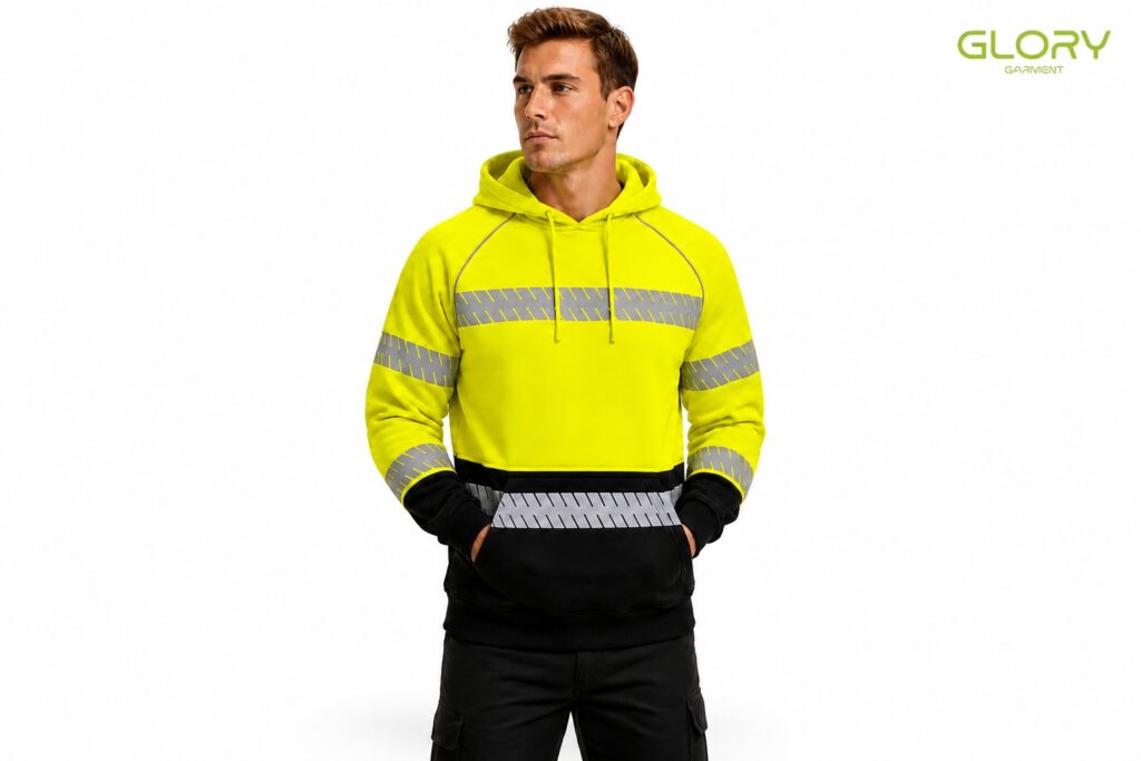 Custom hi vis hoodie with reflective tape on the torso and sleeves