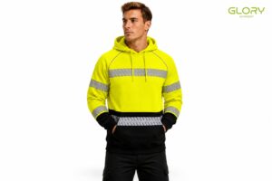 Custom hi vis hoodie with reflective tape on the torso and sleeves
