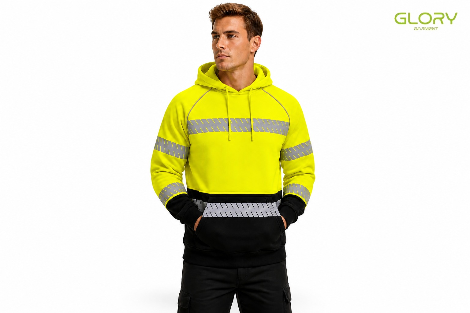 Custom hi vis hoodie with reflective tape on the torso and sleeves