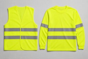 A Type R Class 2 hi-vis vest next to a Class 3 vest with reflective bands encircling both sleeves
