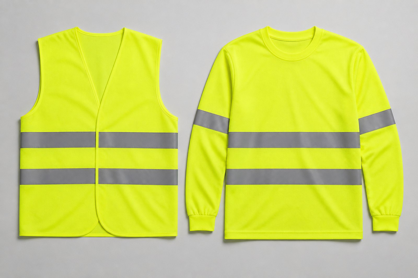 A Type R Class 2 hi-vis vest next to a Class 3 vest with reflective bands encircling both sleeves