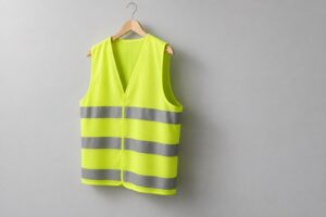 A fluorescent yellow-green hi-vis safety vest on a wooden hanger against a neutral grey studio wall