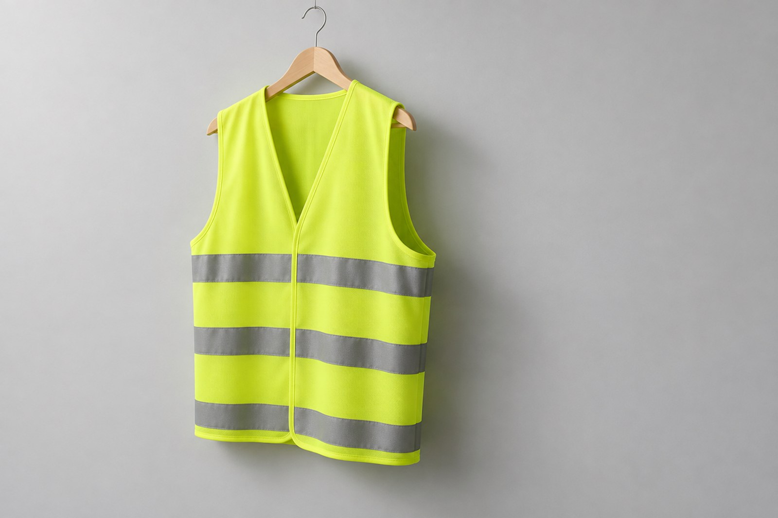 A fluorescent yellow-green hi-vis safety vest on a wooden hanger against a neutral grey studio wall
