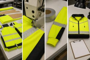 Four-panel production sequence of a hi-vis hoodie from cut panels through sewing and reflective tape to final inspection