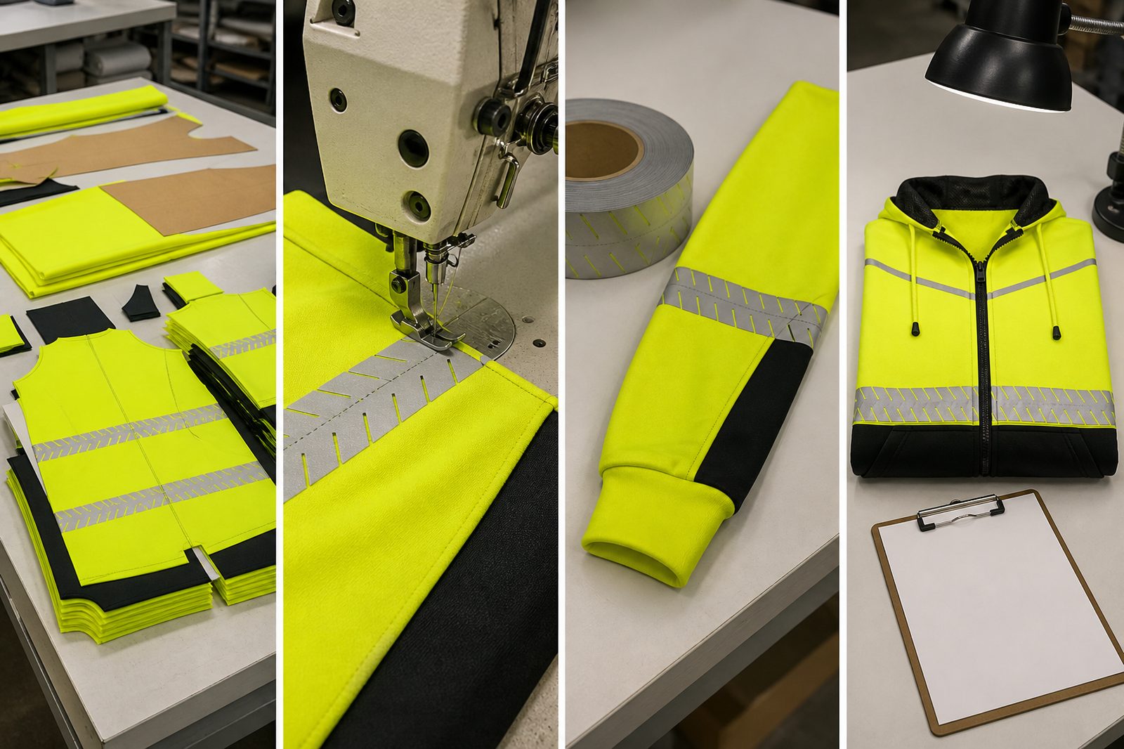 Four-panel production sequence of a hi-vis hoodie from cut panels through sewing and reflective tape to final inspection