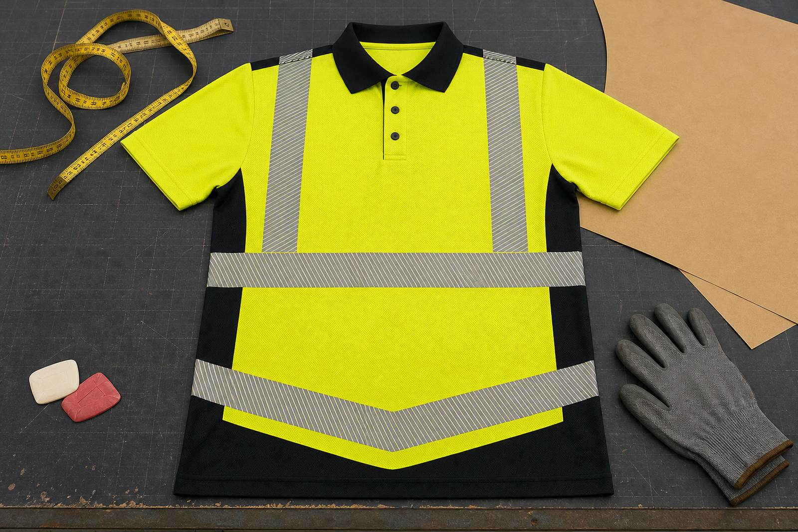 Yellow-green hi-vis polo shirt laid flat on a garment factory cutting table with a measuring tape, pattern paper and work gloves