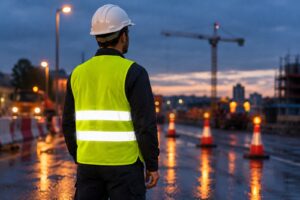 Worker in a fluorescent yellow-green hi-vis vest with reflective bands at a roadworks site at dusk
