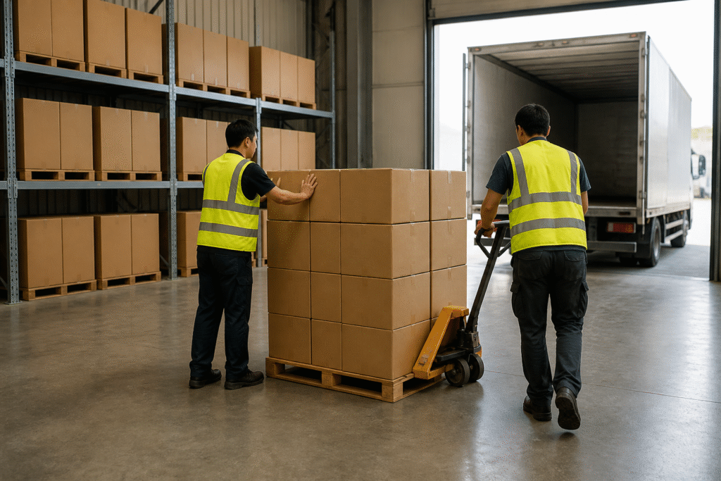 Two workers loading pallets of boxed hi-vis safety vests into a truck at a factory dispatch bay