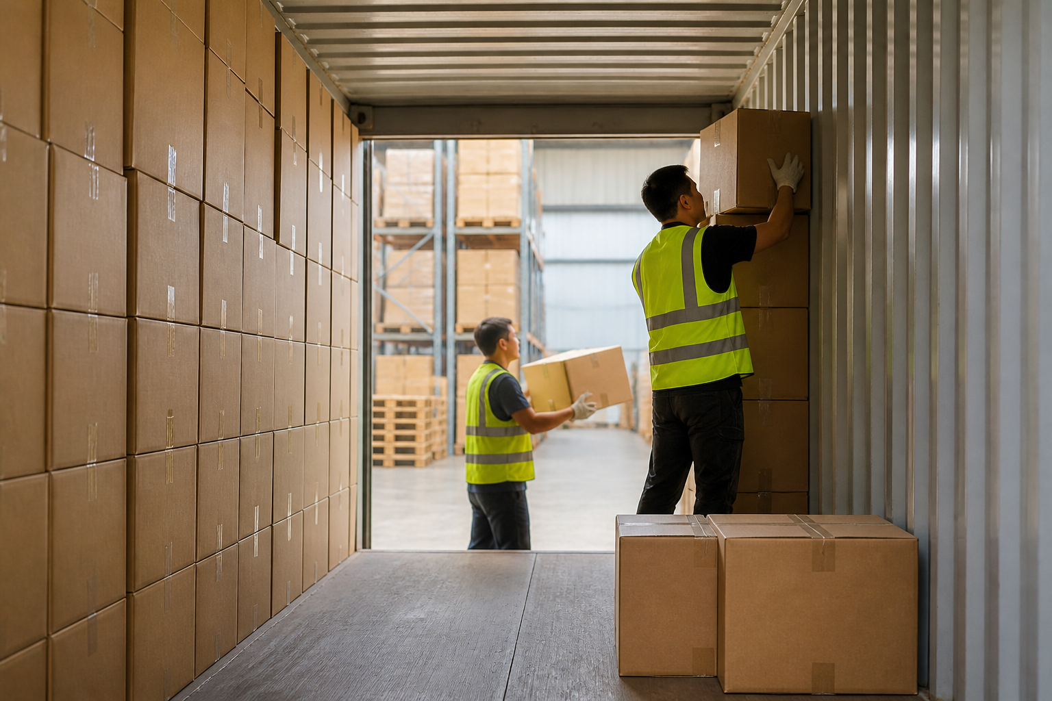 Workers loading cartons of hi-vis safety clothing into a shipping container at a warehouse loading bay