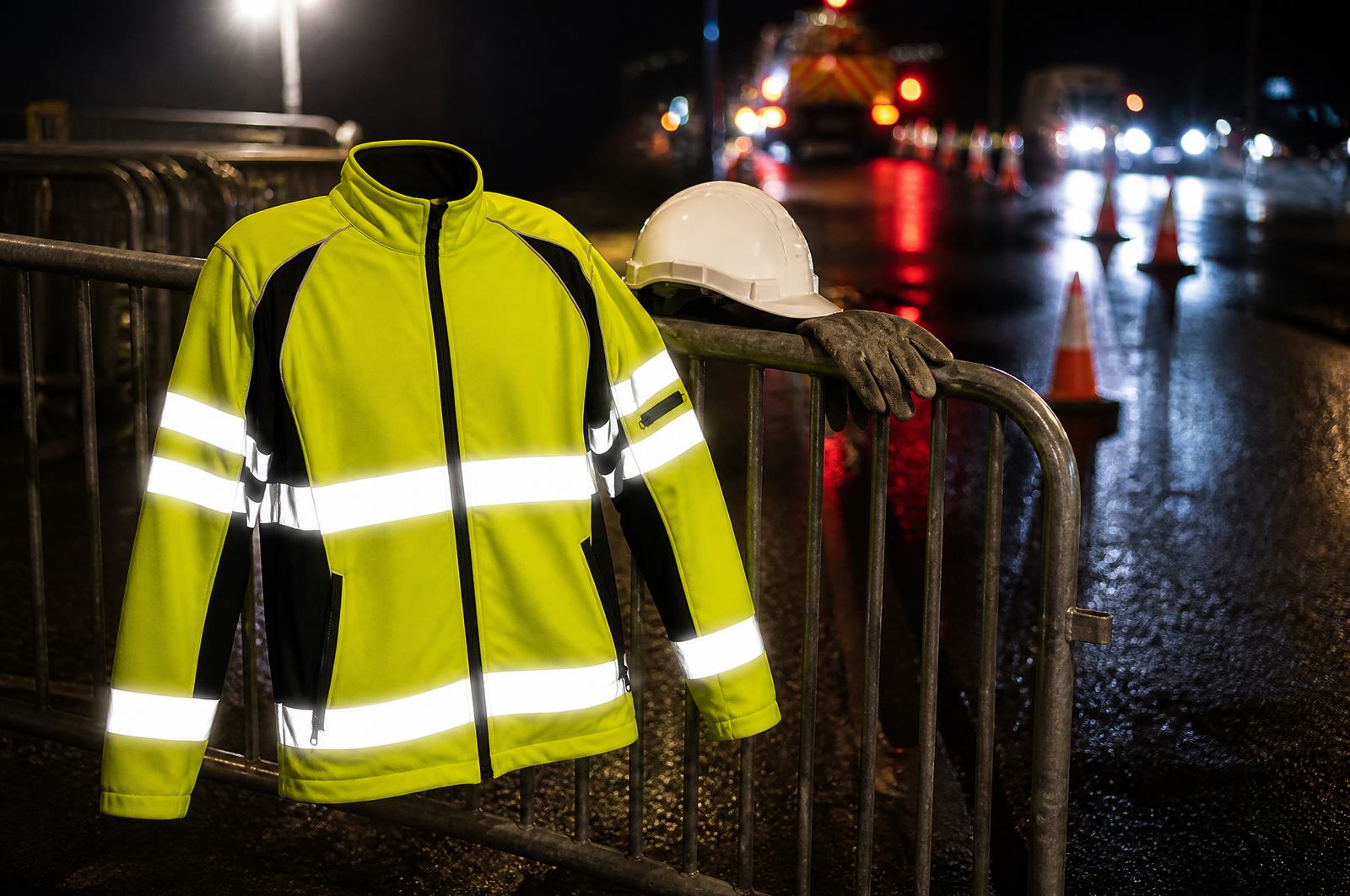 Fluorescent yellow-green hi-vis softshell jacket with two horizontal silver reflective bands hanging on a steel barrier at a night road work zone
