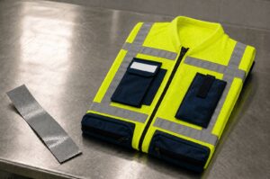 Fluorescent yellow-green GV06 multi-pocket hi-vis vest with grey reflective bands on a stainless inspection table beside a loose strip of microprismatic tape